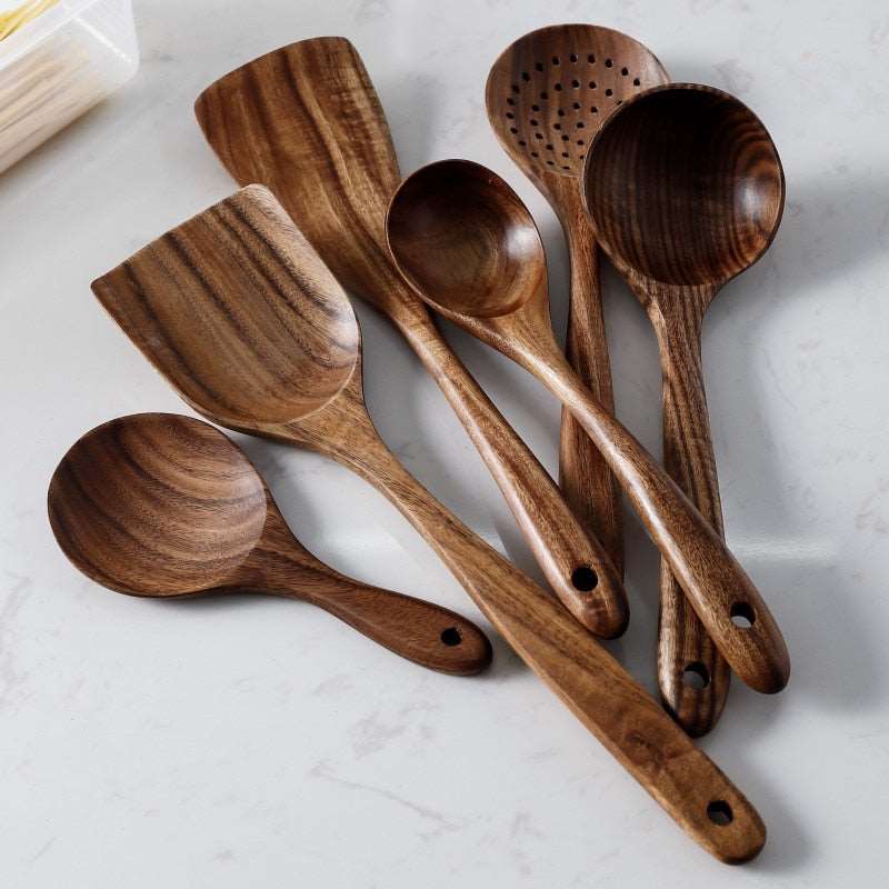 7pcs/set Teak Natural Wood Tableware Spoon