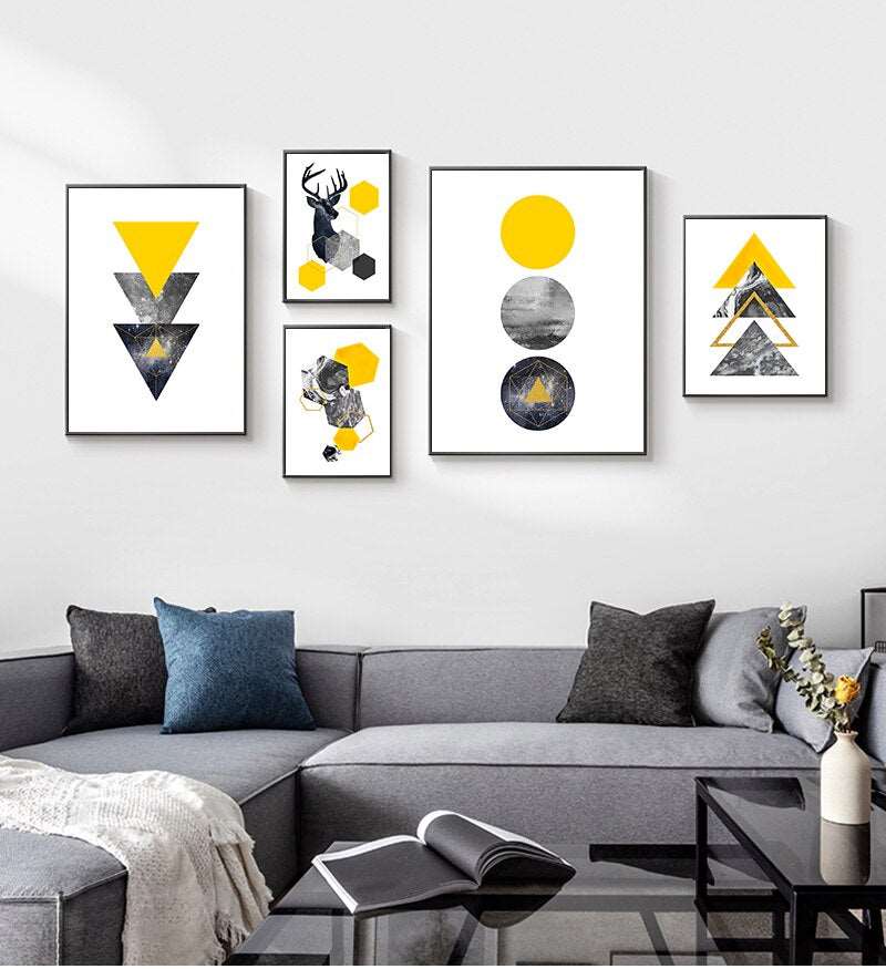 Abstract Grey Yellow Geometric Triangles Nordic Deer Wall Art