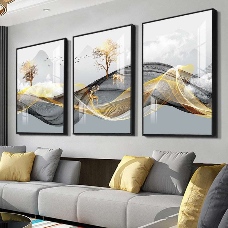 3 Pieces Nordic Luxury Ribbon Abstract Landscape Wall Art