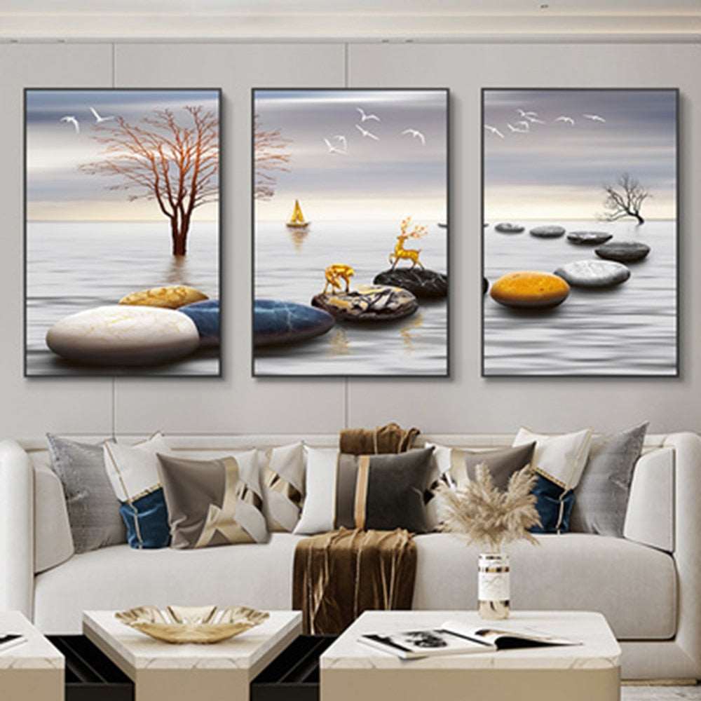 3 Pieces Nordic Luxury Ribbon Abstract Landscape Wall Art