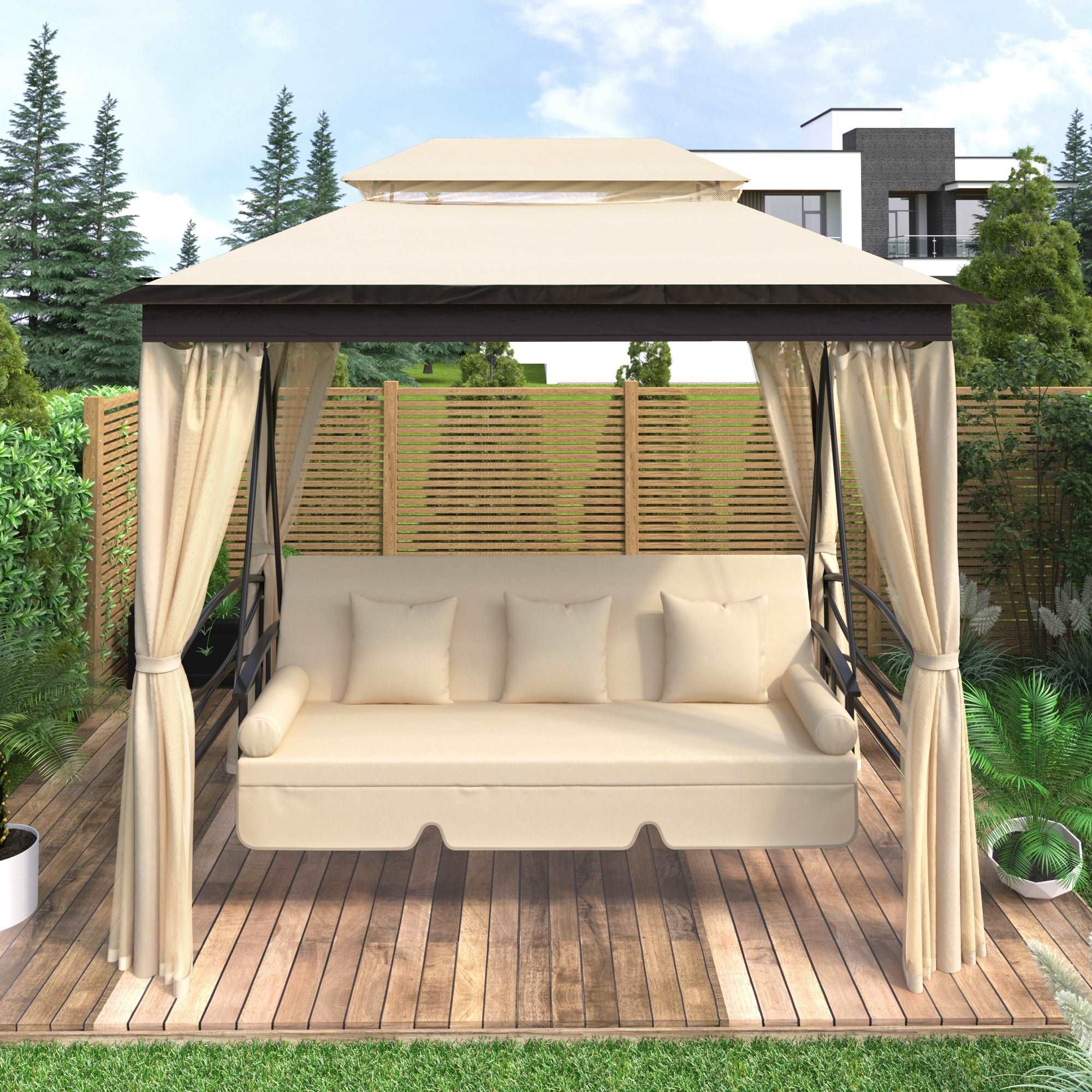 8.9 Ft. W x 5.9 Ft. D Outdoor Gazebo with Convertible Swing Bench;  Double Roof Soft Canopy Garden Backyard Gazebo with Mosquito Netting Suitable for Lawn;  Garden;  Backyard