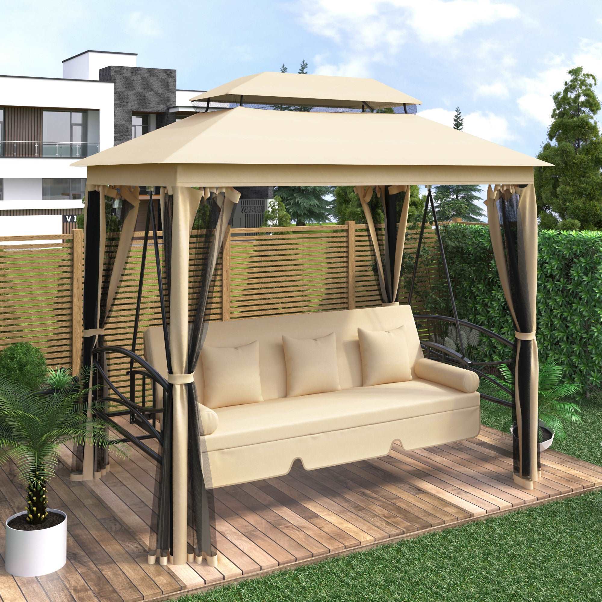 8.9 Ft. W x 5.9 Ft. D Outdoor Gazebo with Convertible Swing Bench;  Double Roof Soft Canopy Garden Backyard Gazebo with Mosquito Netting Suitable for Lawn;  Garden;  Backyard