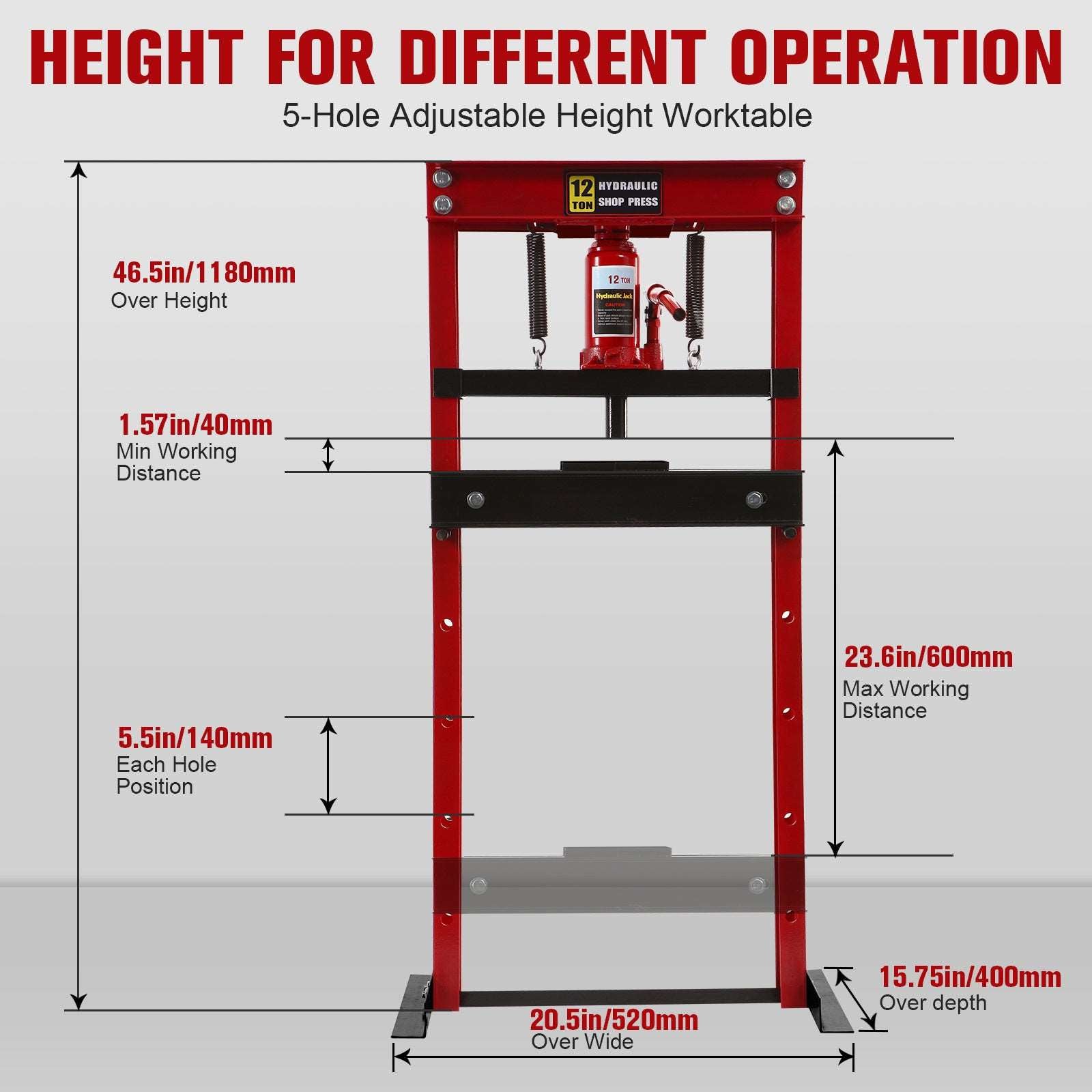 12-Ton Hydraulic Shop Press with Press Plates, H-Frame Garage Floor Press, Adjustable Working Table Height