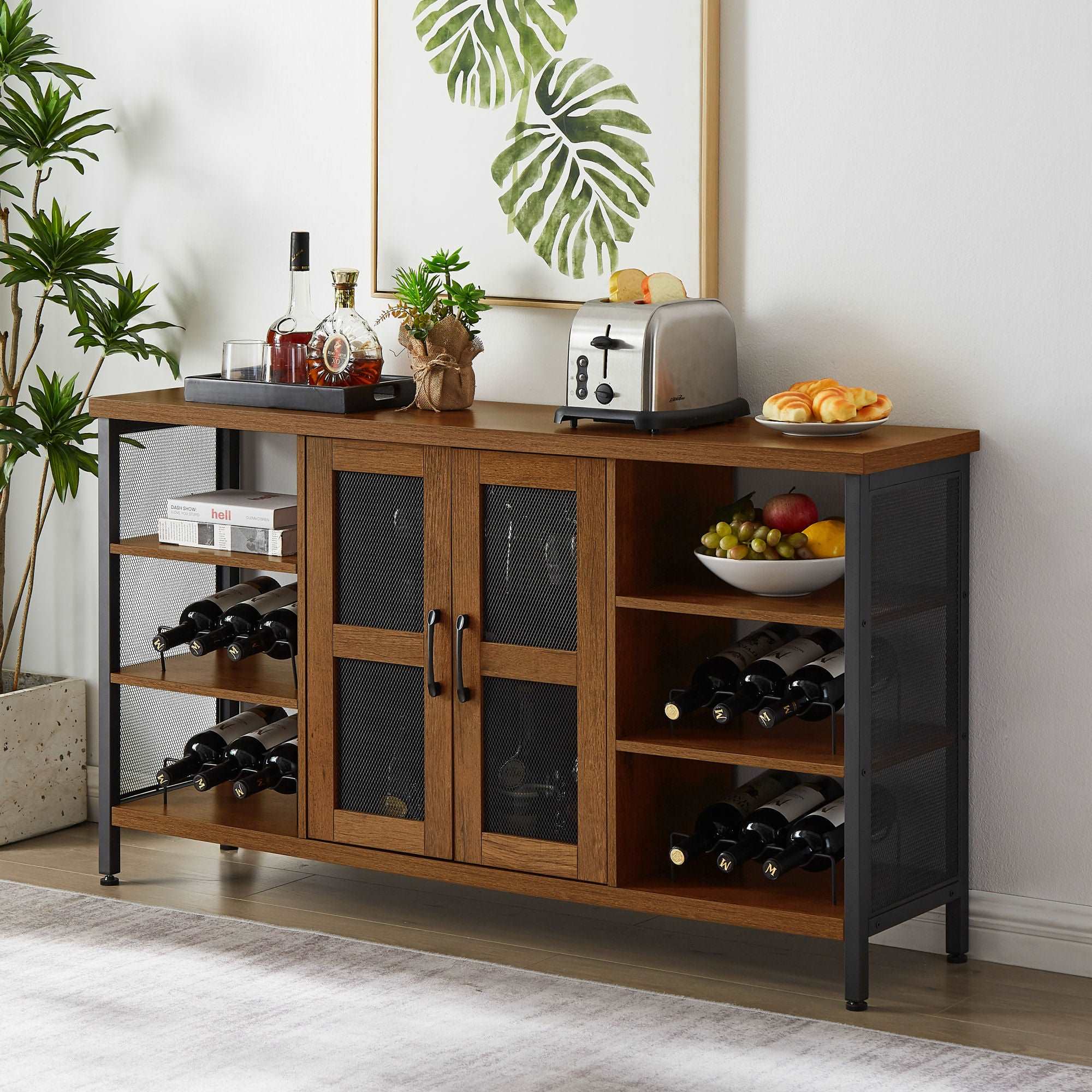 JHX Industrial Wine Bar Cabinet, Liquor Storage Credenza, Sideboard with Wine Racks & Stemware Holder (Hazelnut Brown, 55.12''w x 13.78''d x 30.31' ' h)