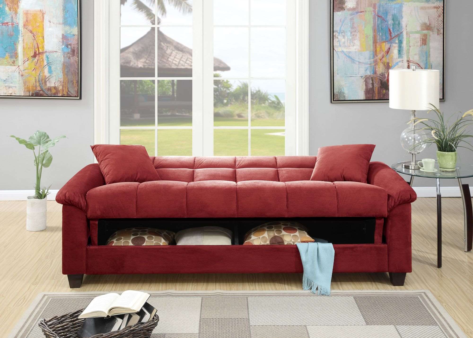 Contemporary Living Room Adjustable Sofa Red Color Microfiber Plush Storage Couch 1pc Futon Sofa w Pillows