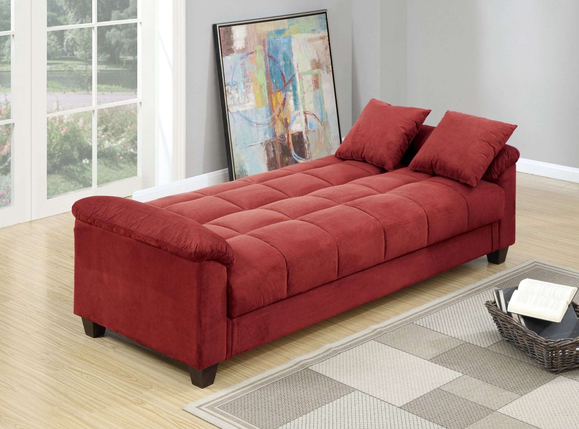 Contemporary Living Room Adjustable Sofa Red Color Microfiber Plush Storage Couch 1pc Futon Sofa w Pillows