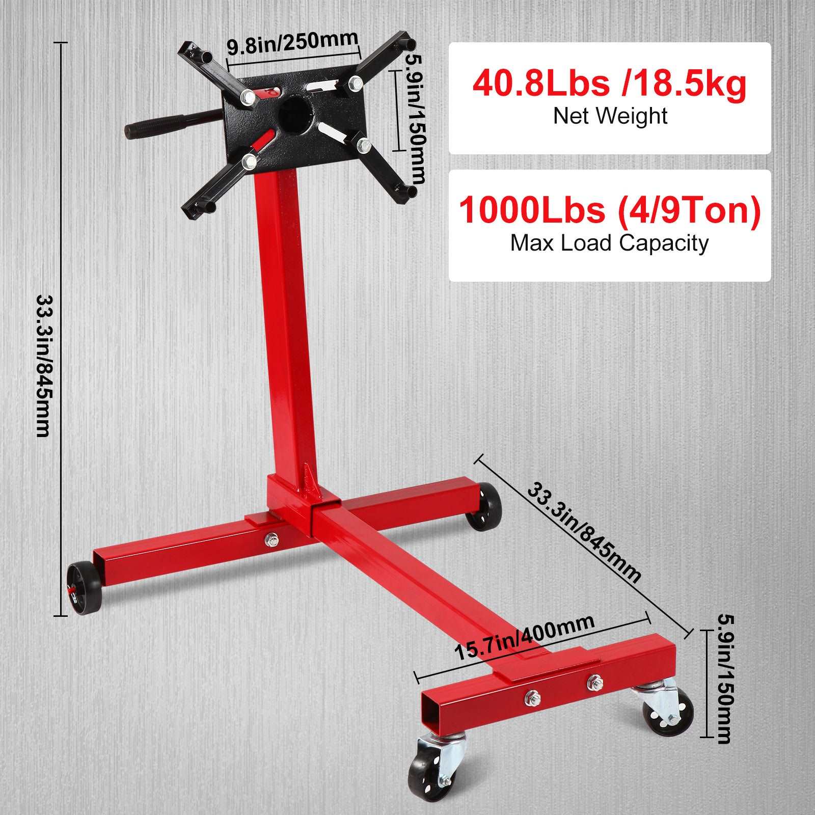 Auto Repair Rebuild Steel Engine Stand Folding Motor Hoist Dolly Mover Jack with 360 Degree Rotating Head, 1000 LB Capacity, Red