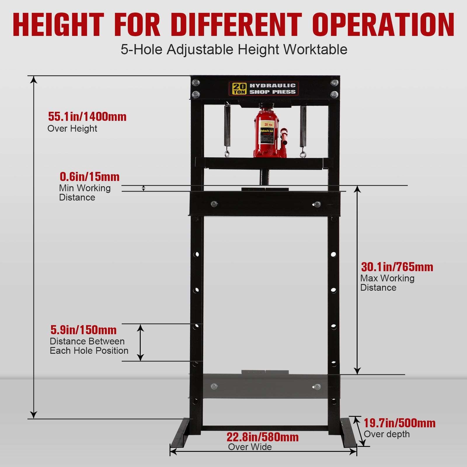 20-Ton Hydraulic Shop Press with Press Plates, H-Frame Garage Floor Press, Adjustable Working Table Height