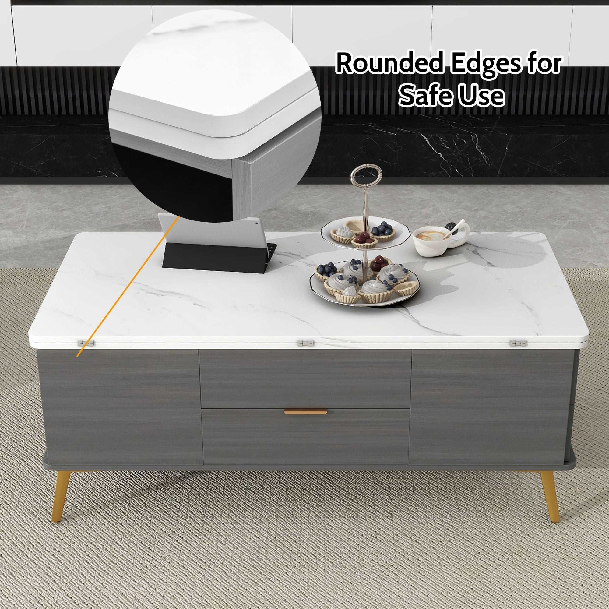 Modern Lift Top Coffee Table Multi Functional Table with Drawers in Gray & White