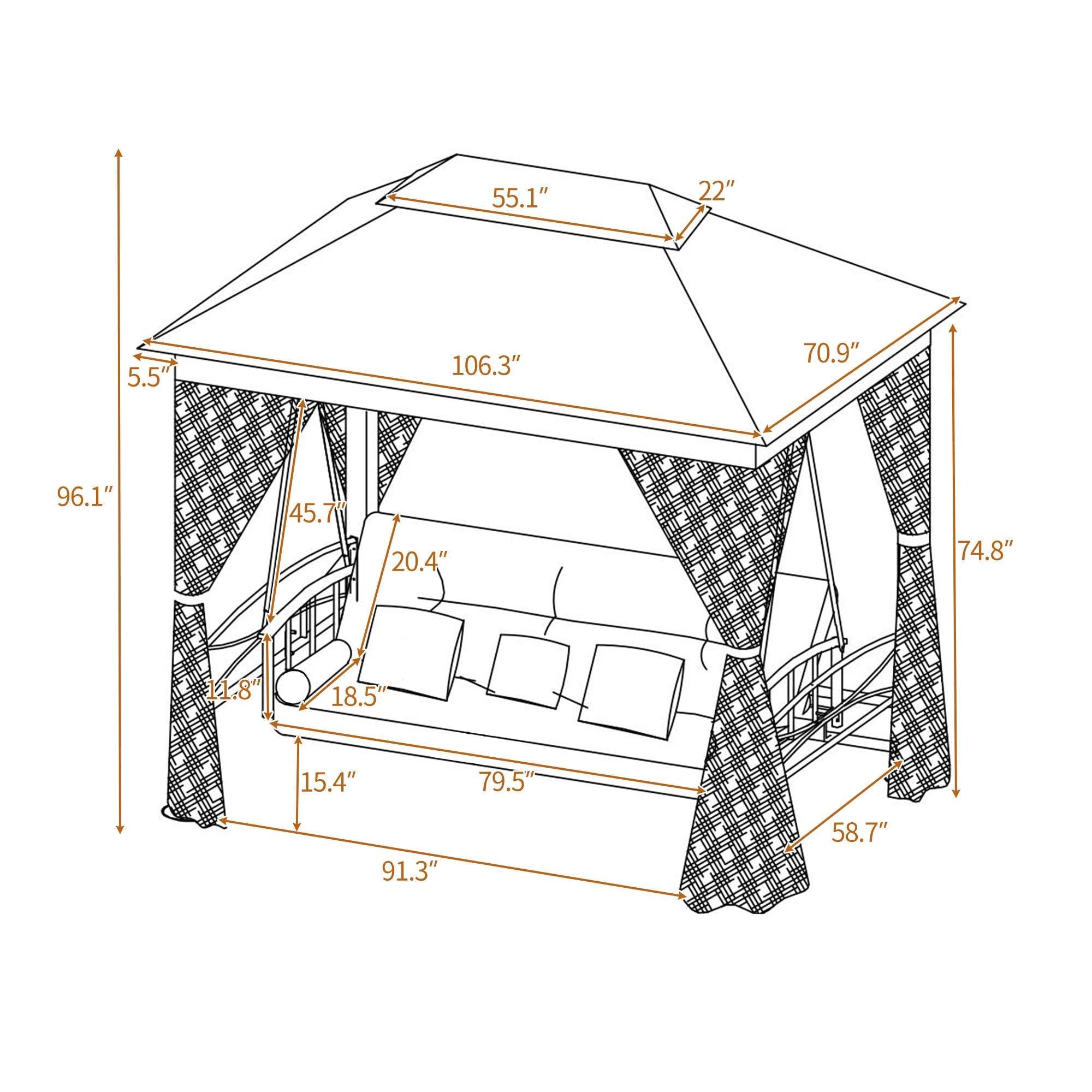 8.9 Ft. W x 5.9 Ft. D Outdoor Gazebo with Convertible Swing Bench;  Double Roof Soft Canopy Garden Backyard Gazebo with Mosquito Netting Suitable for Lawn;  Garden;  Backyard