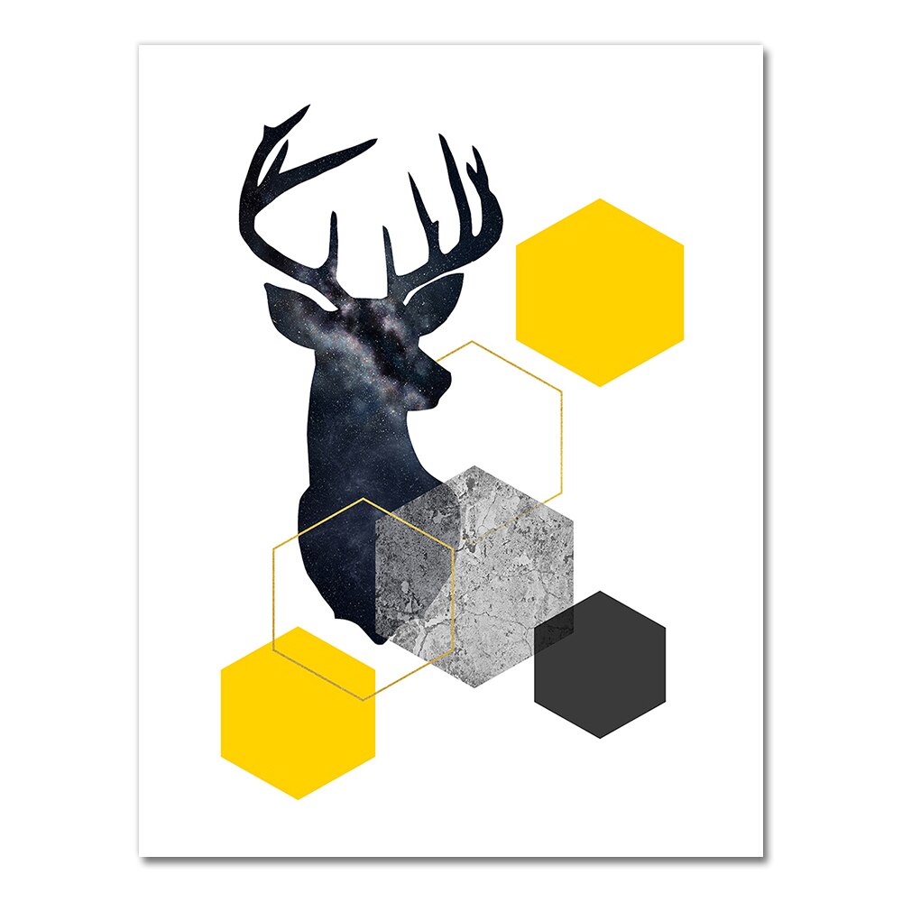 Abstract Grey Yellow Geometric Triangles Nordic Deer Wall Art