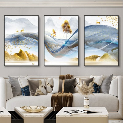 3 Pieces Nordic Luxury Ribbon Abstract Landscape Wall Art