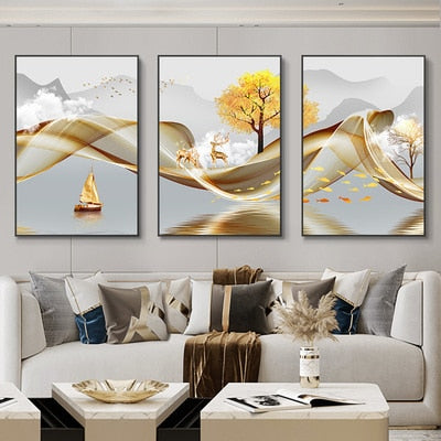 3 Pieces Nordic Luxury Ribbon Abstract Landscape Wall Art