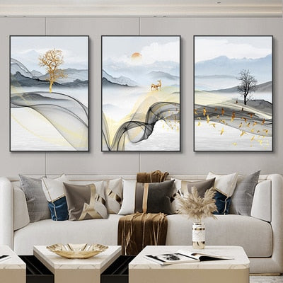 3 Pieces Nordic Luxury Ribbon Abstract Landscape Wall Art