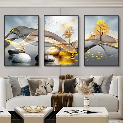 3 Pieces Nordic Luxury Ribbon Abstract Landscape Wall Art