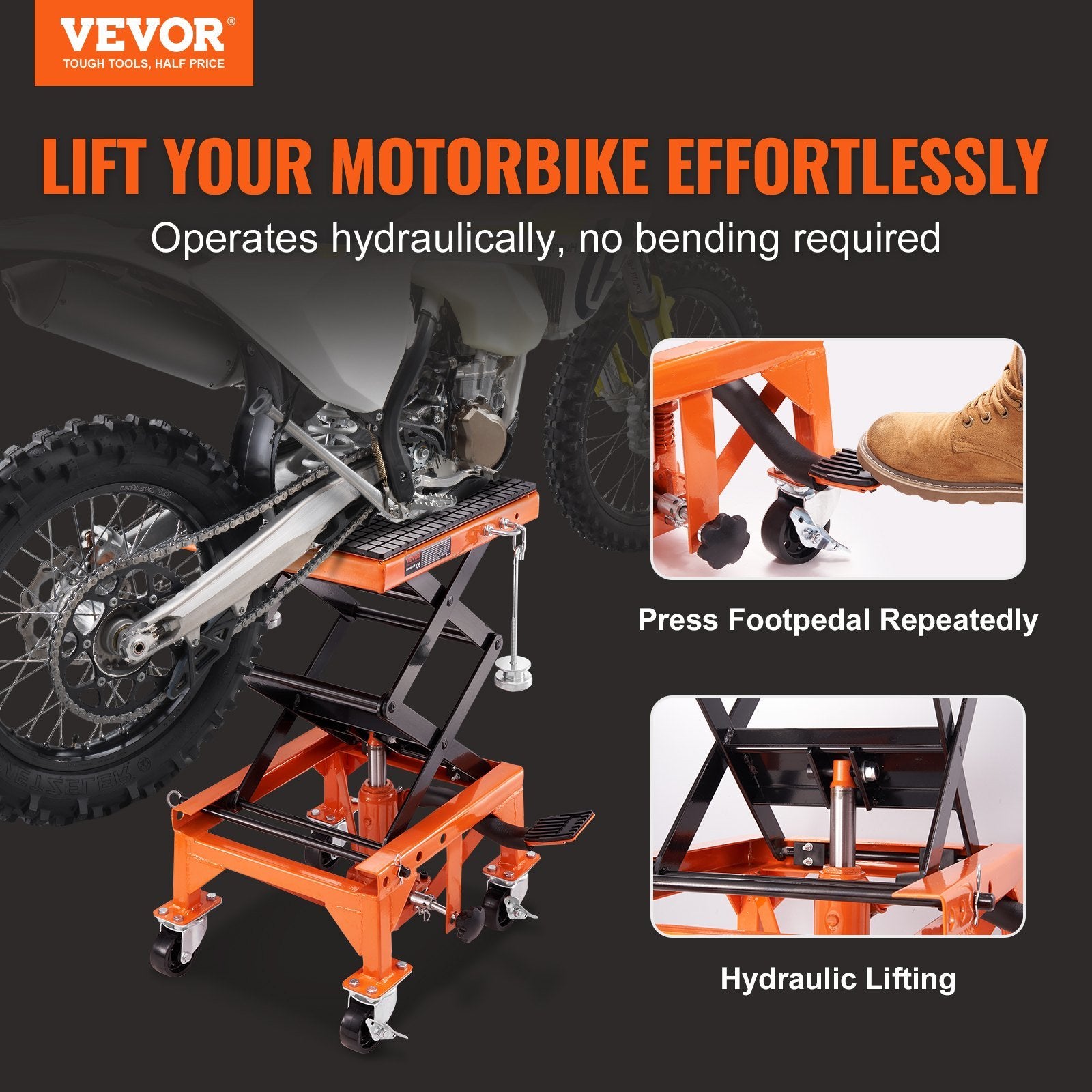 VEVOR Hydraulic Motorcycle Lift Jack, 1500 LBS Capacity ATV Scissor Lift Jack, Portable Motorcycle Lift Table with 4 Wheels, Hydraulic Foot-Operated Hoist Stand for Motorcycle ATV UTV Powersports