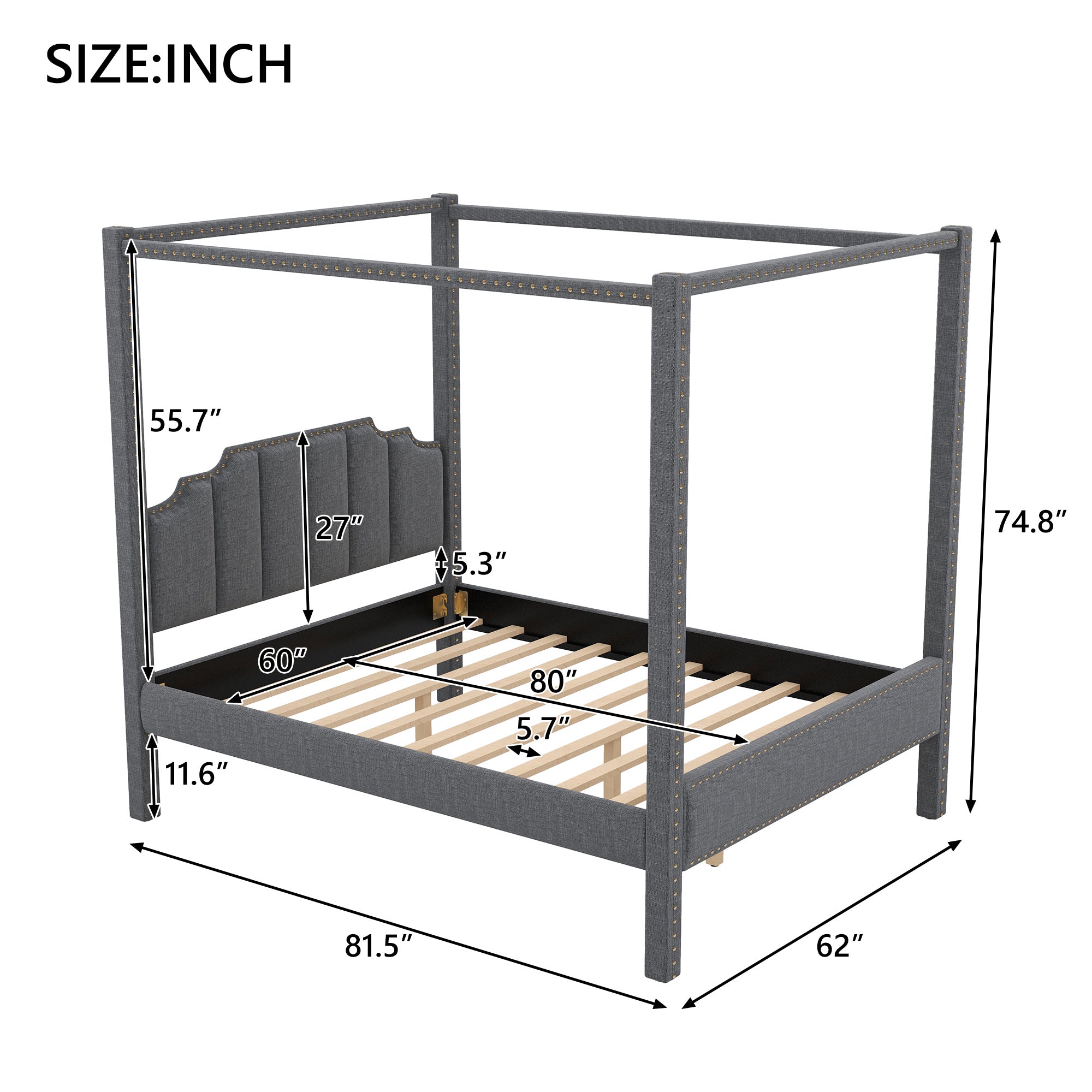 Queen Size Upholstery Canopy Platform Bed with Headboard,Support Legs