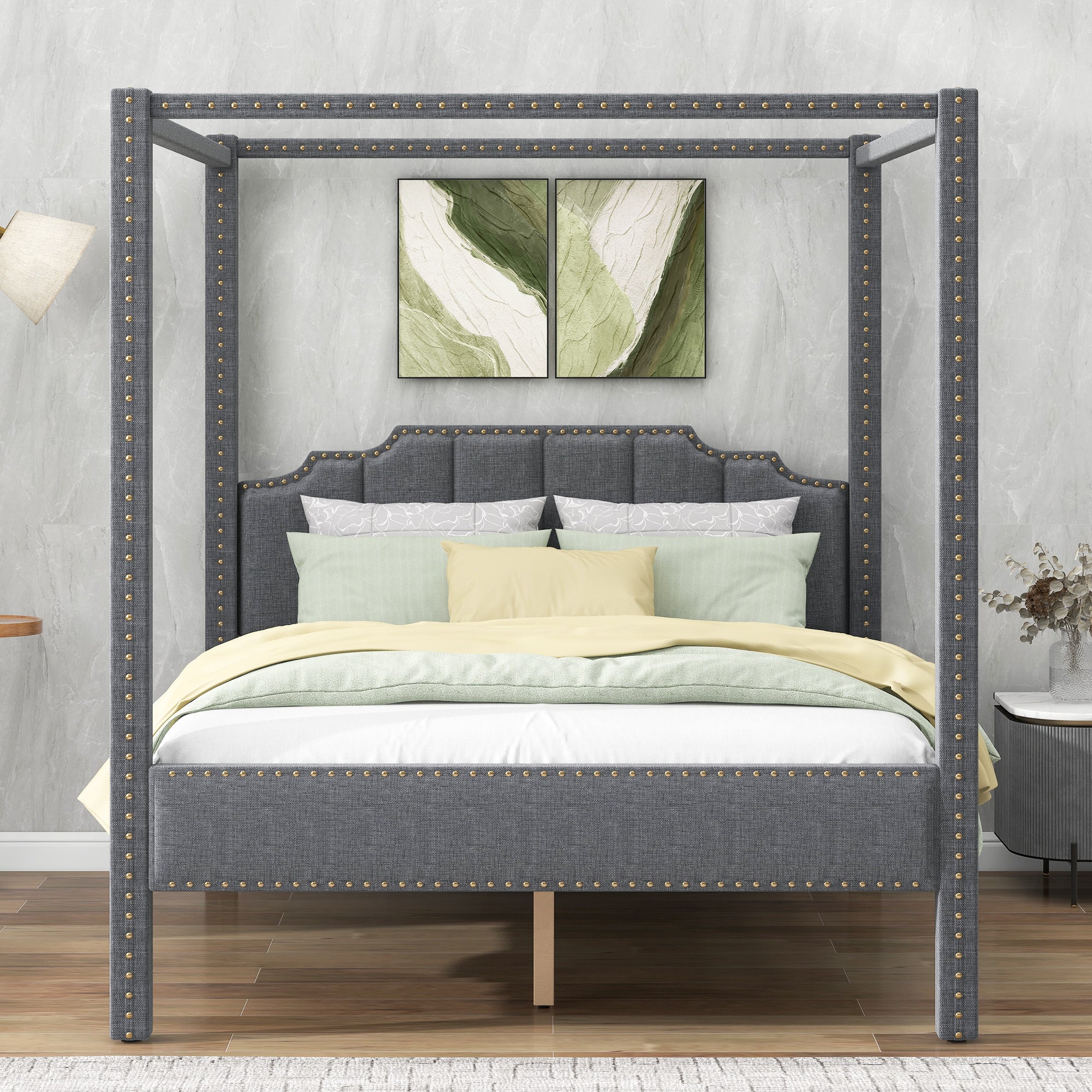 Queen Size Upholstery Canopy Platform Bed with Headboard,Support Legs