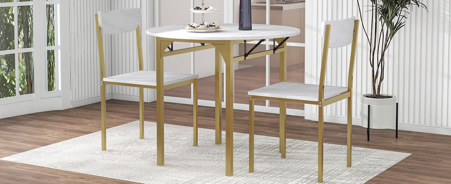 TOPMAX Modern 3-Piece Round Dining Table Set with Drop Leaf and 2 Chairs for Small Places,Golden Frame+Faux White Granite Finish