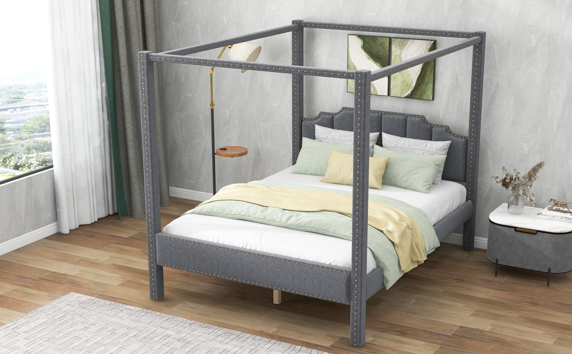 Queen Size Upholstery Canopy Platform Bed with Headboard,Support Legs