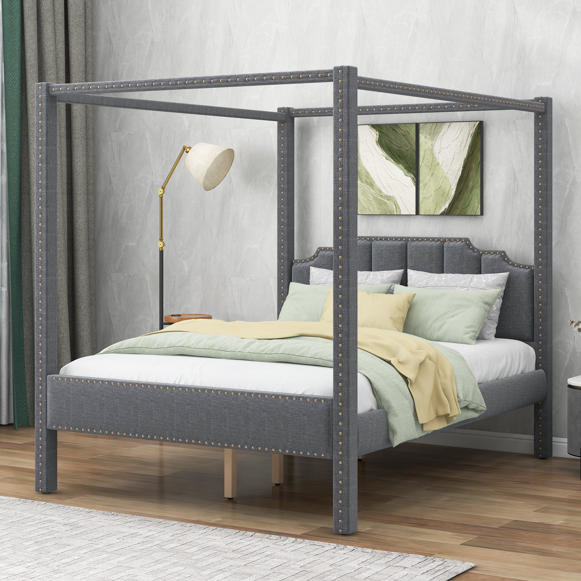 Queen Size Upholstery Canopy Platform Bed with Headboard,Support Legs